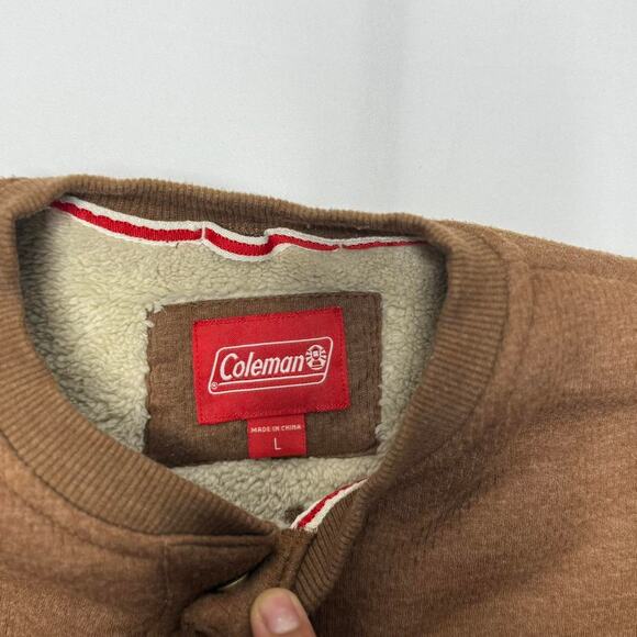Coleman Sherpa Lined Henley Pullover L Brown Cotton Blend Fleece - Picture 2 of 5